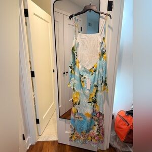 Floral Lemon Print Maxi Dress - Light Blue